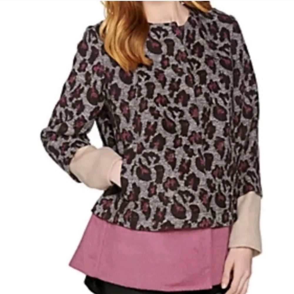 Lori Goldstein Logo Womens Leopard Wool Casual Snap Button Jacket Size 6